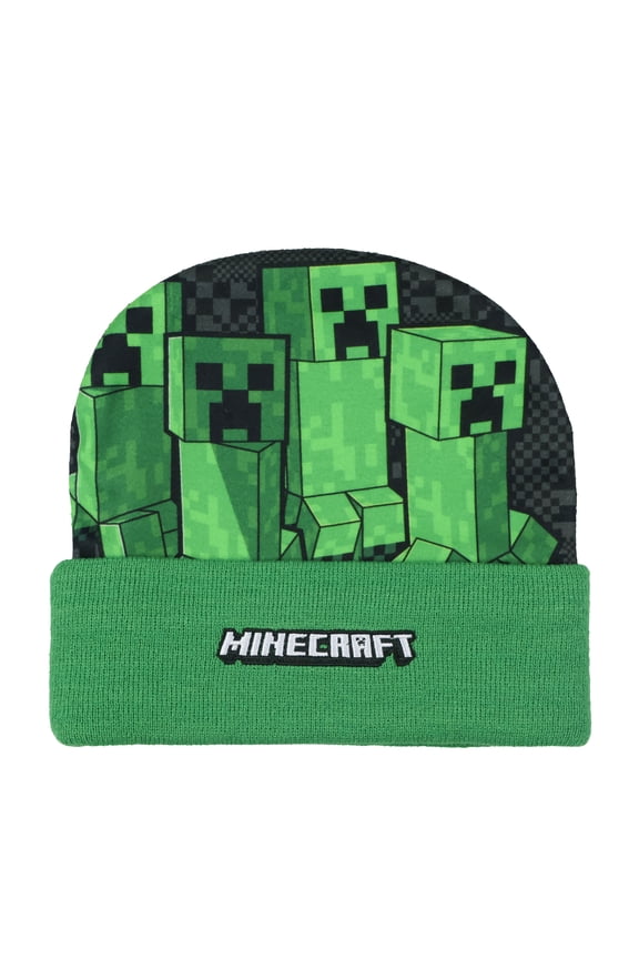 Minecraft Beanie Creeper Mob Sublimation Fleece Design Knit Cuffed Hat with Pom