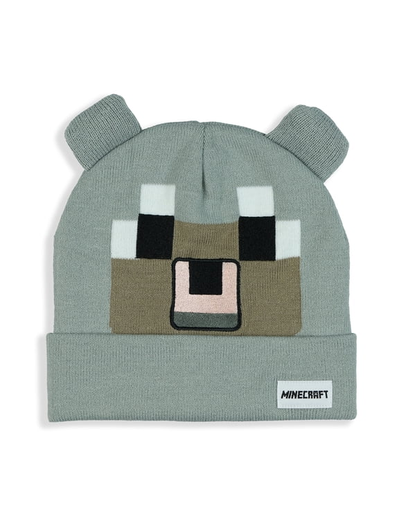 Beanie Pale Wolf Pixel Design Cuffed Knit Hat with 3D Ears