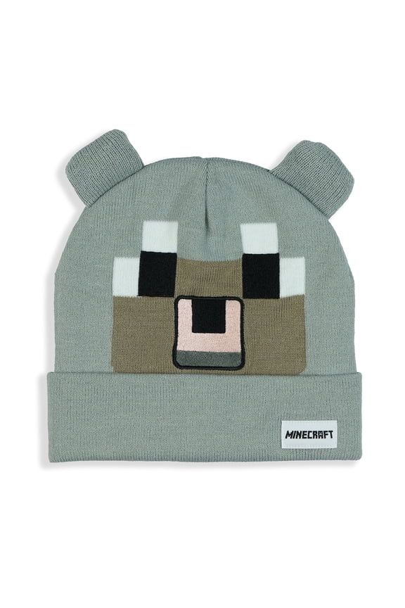 Minecraft Beanie Pale Wolf Pixel Design Cuffed Knit Hat with 3D Ears