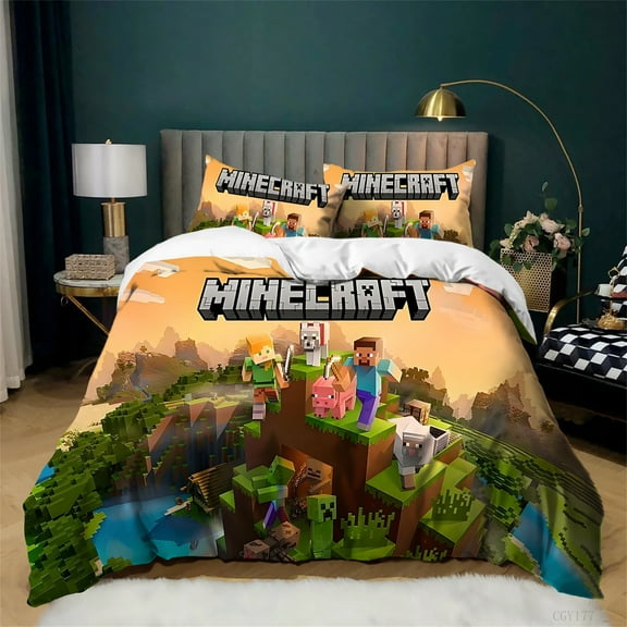 Minecraft Bedding Set 3 Pieces Ultra Soft Comfortable Duvet Cover Set Game Breathable Quilt Cover with Pillowsham
