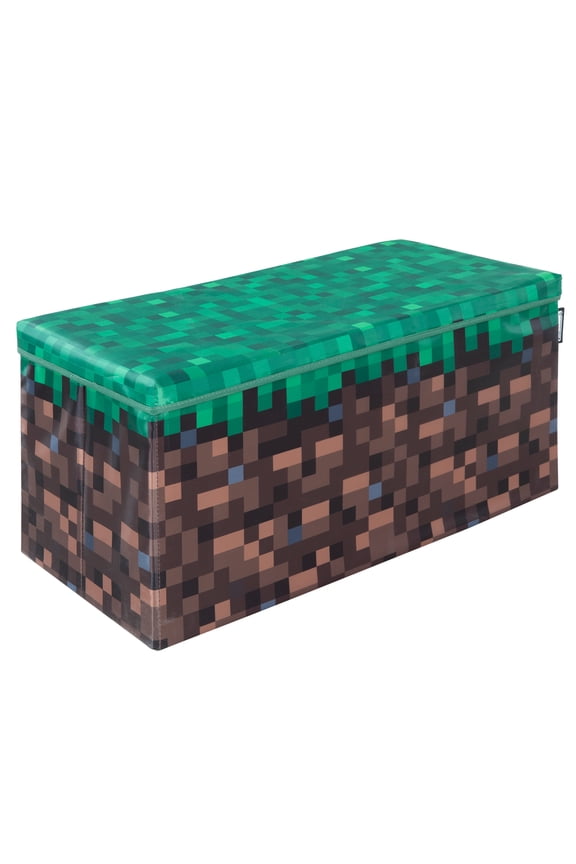 : Bench Storage Box - Large - Pixel Grass Block, Collapsible Toy Storage w/ Lid, Footrest, 11.8 x 23.6 x 11.8", Game Theme Decor, Licensed