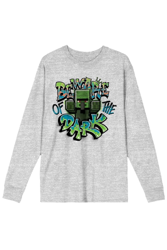 Minecraft Beware Of The Dark Men's Athletic Heather Long Sleeve Shirt-Large