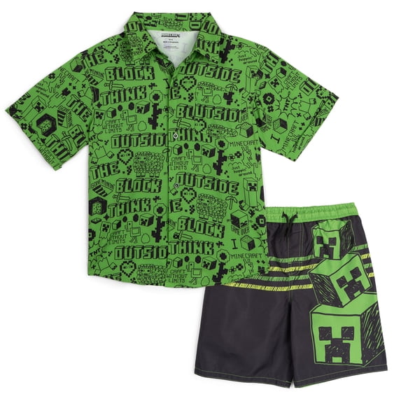 Minecraft Big Boys' Swimwear Camp Shirt and Swim Trunks Set Creeper Green Black