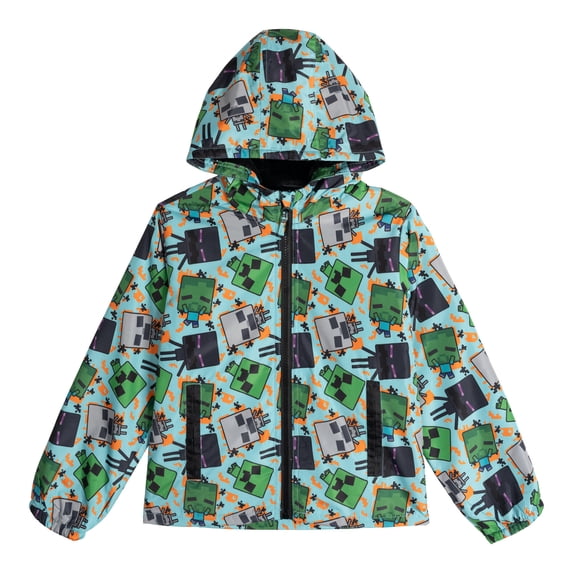 Minecraft Big Boys' Hooded Zip-Up Rain Jacket Minecraft Light Blue