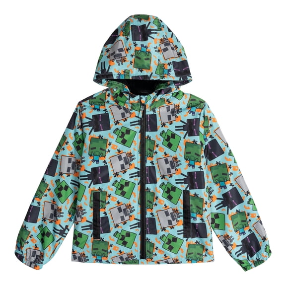 Minecraft Big Boys' Hooded Zip-Up Rain Jacket Minecraft Light Blue