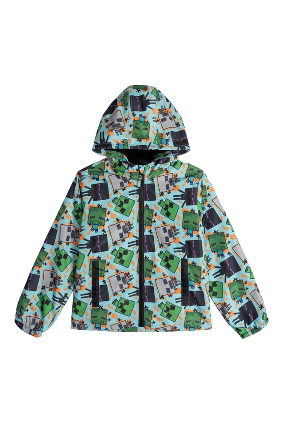 Big Boys' Hooded Zip-Up Rain Jacket Minecraft Light Blue