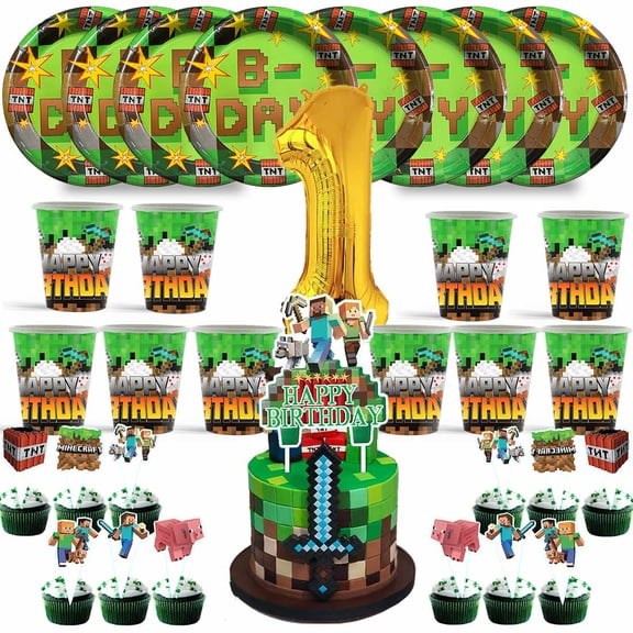 Minecraft Birthday 1st Cups Party Supplies Plates Fans Decorations Cake Topper Decor