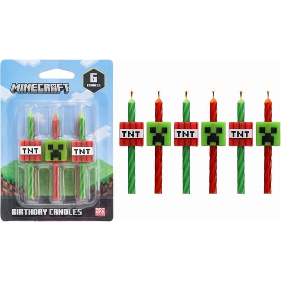 Minecraft Birthday Cake Candles | 6 Birthday Candles for Cake Decorations, Red & Green Striped Candles, Cake Toppers for Minecraft Party