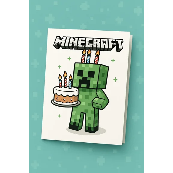 Minecraft Birthday Card Featuring Creeper with Cake - Perfect for Gamers - Blank Inside, Envelope Included