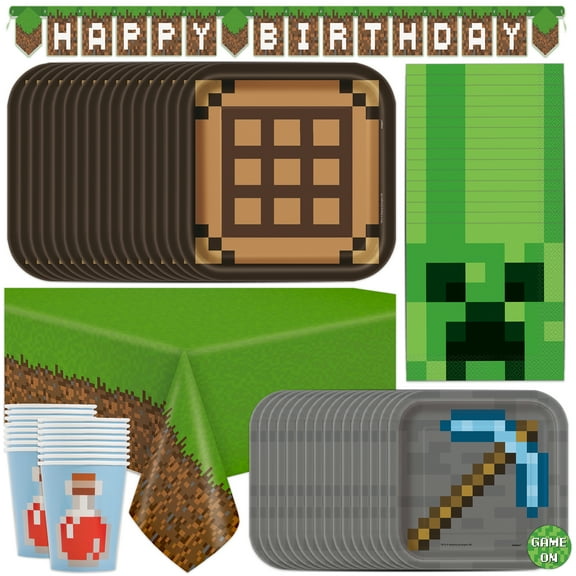 Minecraft Birthday Decorations |Serves 16 Guests | Minecraft Party Supplies | Bnner, Table Cloth, Plates, Cups, Napkins, Sticker