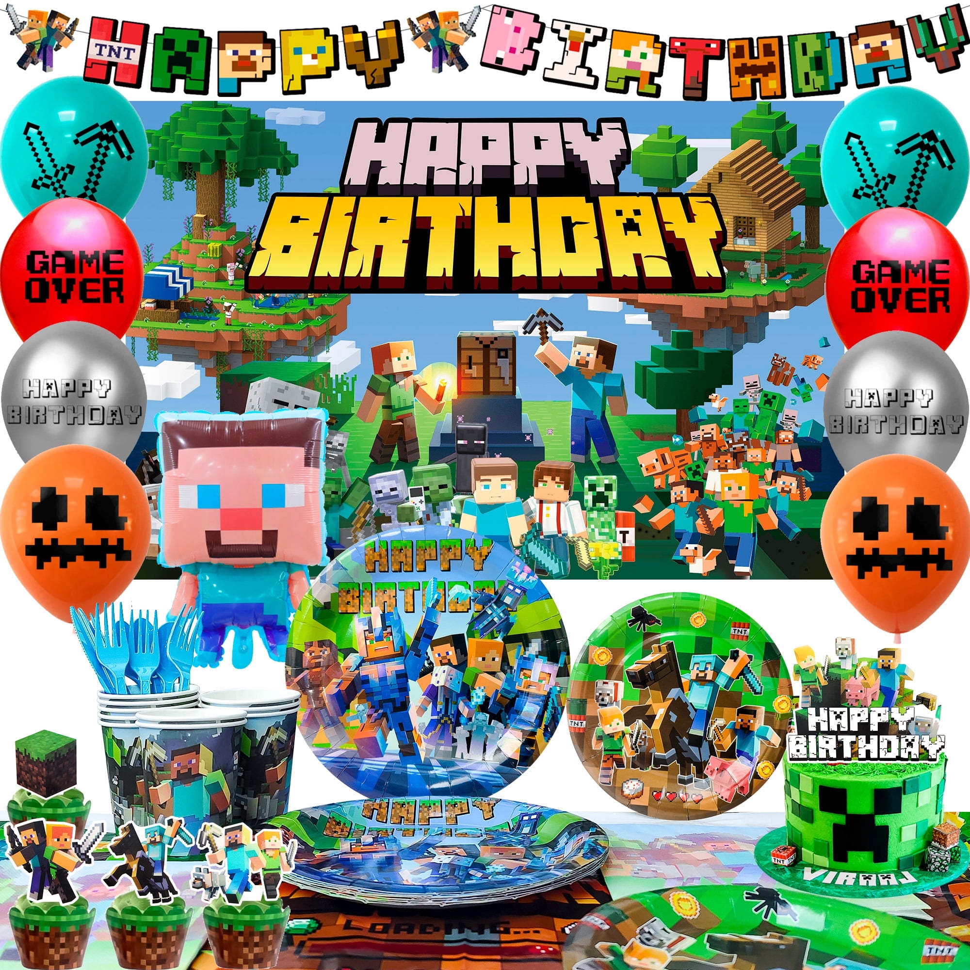 Minecraft Birthday Party Decoration Supplies, 113 Pcs Pixel Game Party Supplies, including Pixel Game Cake Toppers, Balloons Banner Plates etc. Pixel Game Party Decorations for Boys