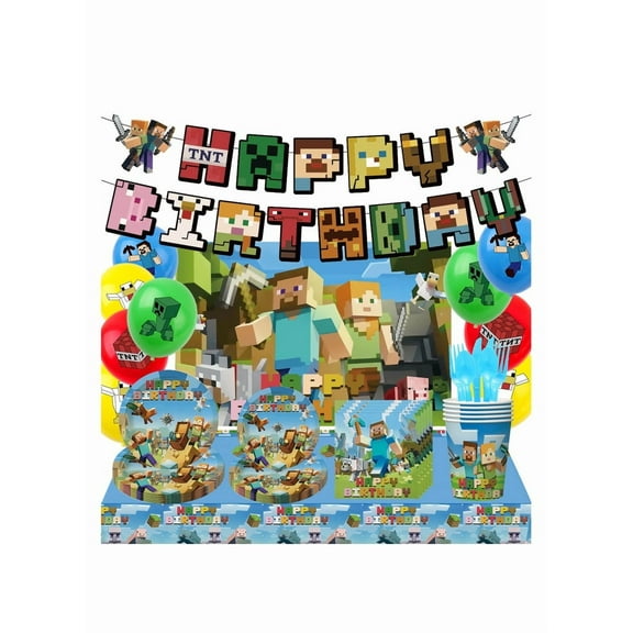 Minecraft Birthday Party Kit for Kids for 10 People, Complete Tableware Set, Minecraft Party Decorations