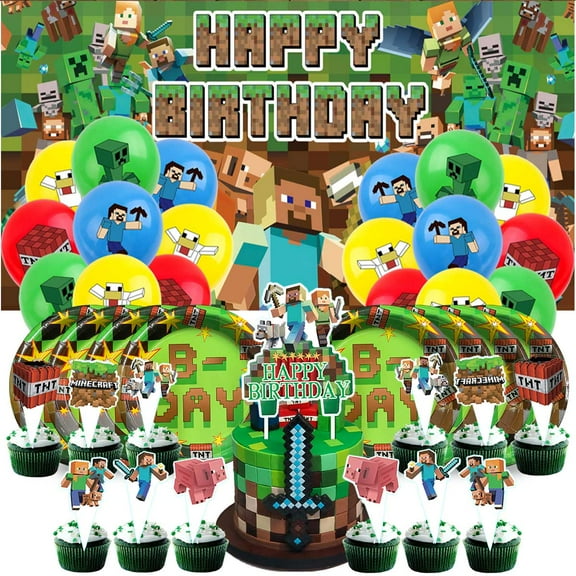 Minecraft Birthday Party Supplies Balloons Paper Plates Decoration Cake Topper Decor Tableware Banner Backdrop