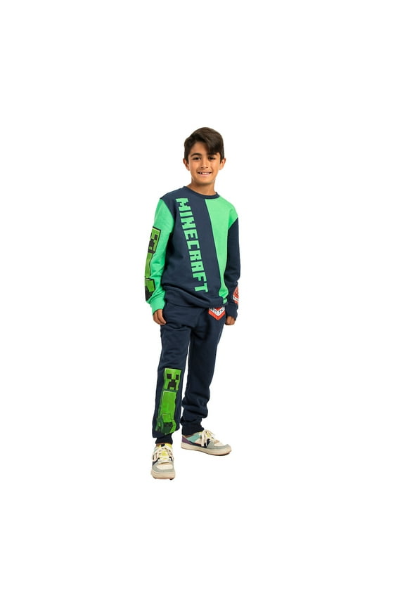 Minecraft Block Character and Title Logo Oversized Graphic Youth Sweatshirt and Joggers 2-Piece Set