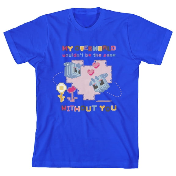 Minecraft Block Heart My Overworld Wouldn't Be The Same Without You Youth Royal Blue Short Sleeve Crew Neck Tee-Large