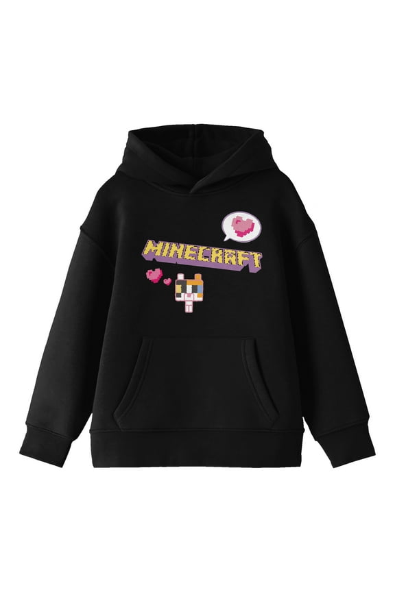 Minecraft Block Kitten with Block Heart and Logo Youth Black Graphic Hoodie-XL