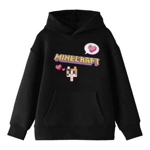 Minecraft Block Kitten with Block Heart and Logo Youth Black Graphic Hoodie-XS