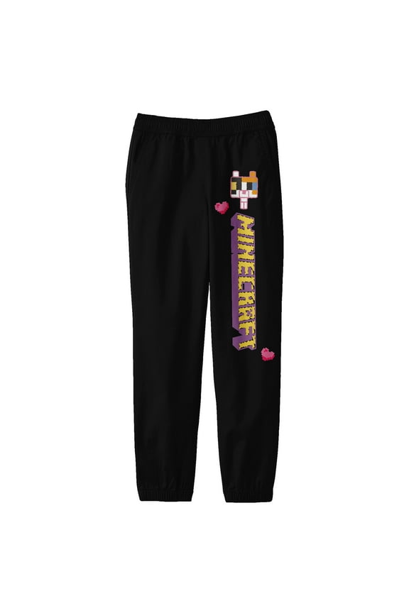 Minecraft Block Kitten with Stylized Logo Youth Black Graphic Sweatpants-Large