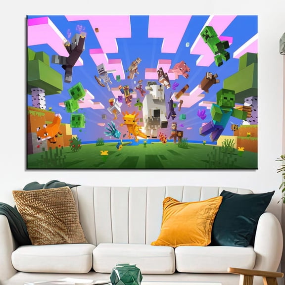 Minecraft Block Poster Wall Art – Pixel Landscape Gaming Room Decor Print 12x18 UNFRAMDE