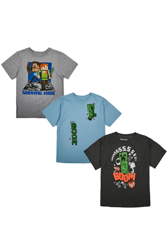 Minecraft Boom Survival Mode 3-Pack Boy's Crew Neck Short Sleeve T-shirt Combo Set
