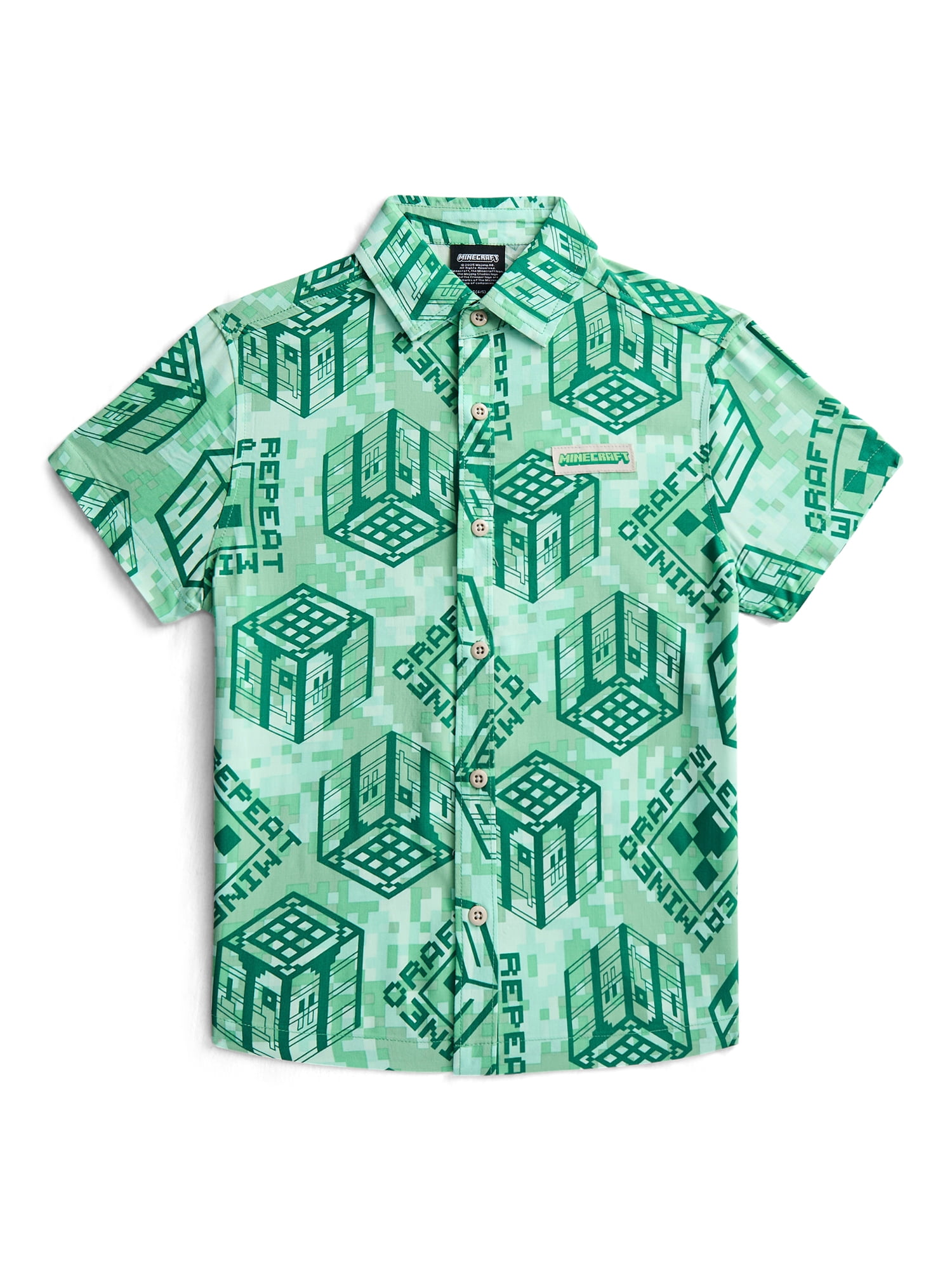 Minecraft Boys Graphic Button Up Resort Shirt with Short Sleeves, Sizes 4-18