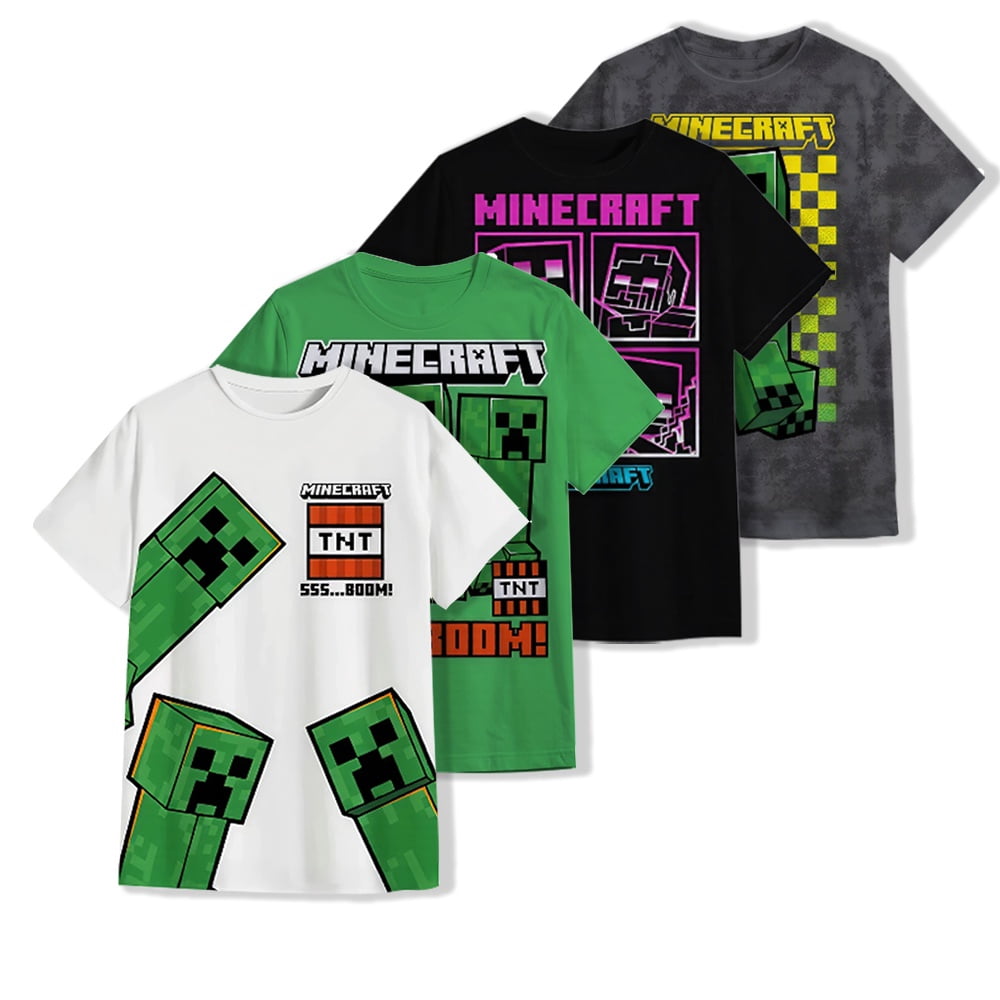 Minecraft Boy's Short Sleeve T-Shirt 4-Pack - Creeper, Skeleton, Zombie Graphic Tee Set for Kids (Sizes 4-16)