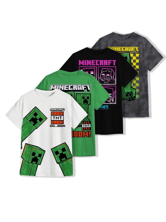 Boy's Short Sleeve T-Shirt 4-Pack - Creeper, Skeleton, Zombie Graphic Tee Set for Kids (Sizes 4-16)
