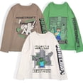 thumbnail image 1 of Minecraft Boy's T-Shirt 3-Pack - Casual, Long Sleeve, Soft Cotton Gaming Tees for Kids - Steve, Creeper, Zombie, Skeleton Graphic Print (Sizes 4-16), 1 of 7