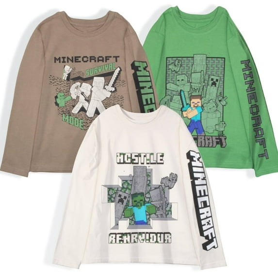 Minecraft Boys 3-Pack Long Sleeve T-Shirts – Steve, Creeper & Zombie Graphics (Little & Big Boys), Sizes 4–16