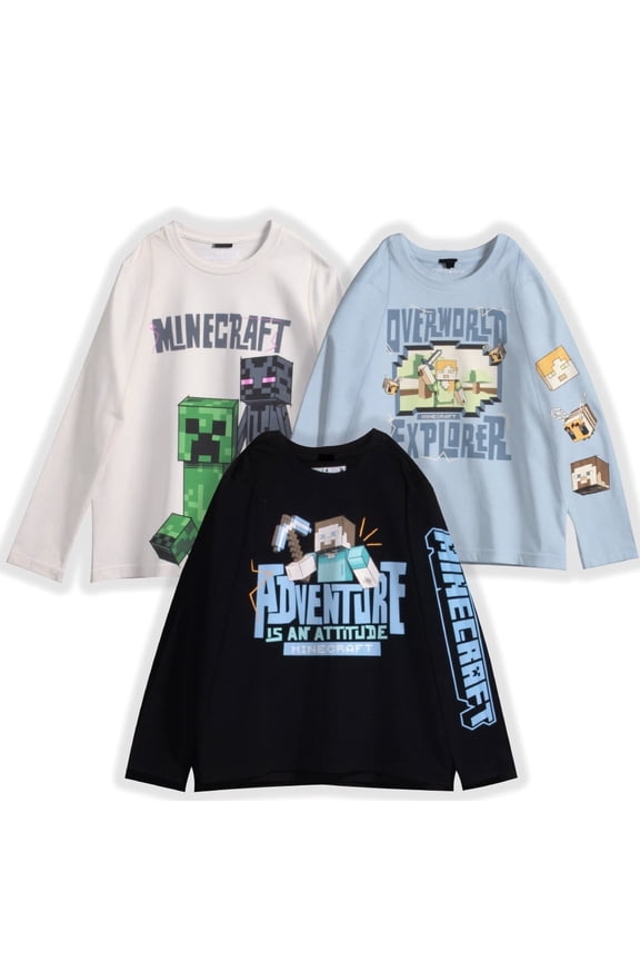 Boy's T-Shirt 3-Pack - Casual, Long Sleeve, Soft Cotton Gaming Tees for Kids - Steve, Creeper, Zombie, Skeleton Graphic Print (Sizes 4-16)