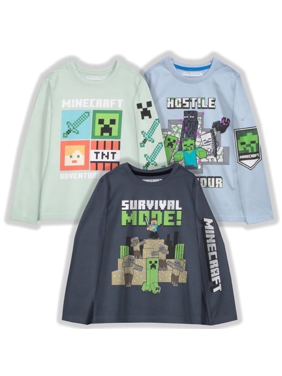 Boys 3-Pack Long Sleeve T-Shirts – Steve, Skeleton & Creeper Graphics (Little & Big Boys), Sizes 4–16