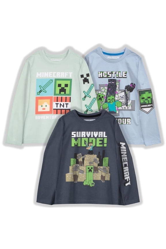 Boys 3-Pack Long Sleeve T-Shirts – Steve, Skeleton & Creeper Graphics (Little & Big Boys), Sizes 4–16