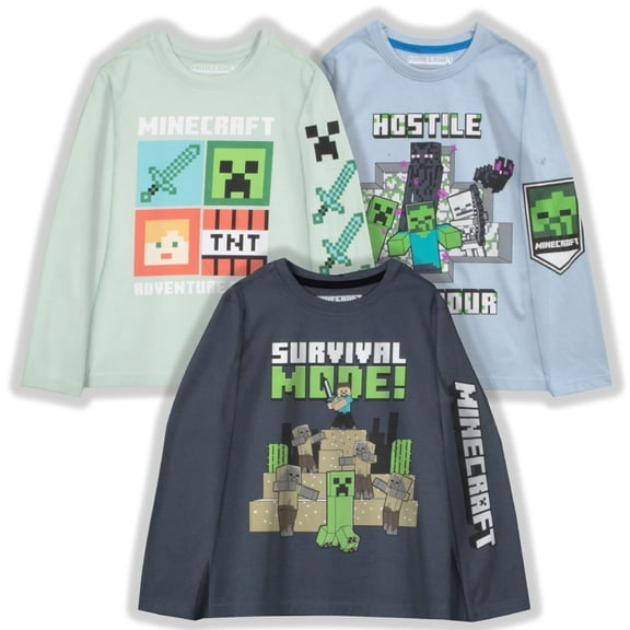 Minecraft Boys 3-Pack Long Sleeve T-Shirts – Steve, Skeleton & Creeper Graphics (Little & Big Boys), Sizes 4–16