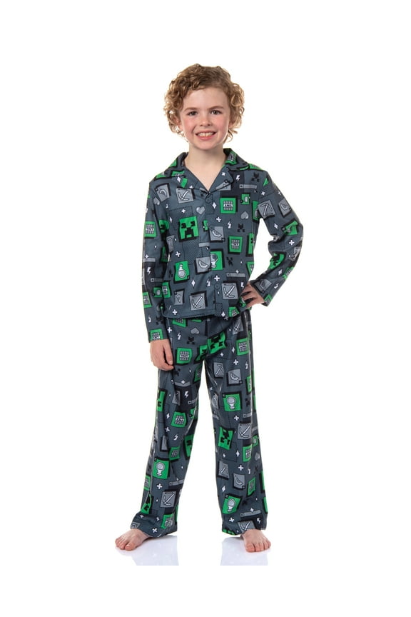 Minecraft Kid's AOP Creeper & Icons Print 2-Piece Long Sleeve Button Down Coat Elastic Waist Pajama Pant PJ Sleep Set