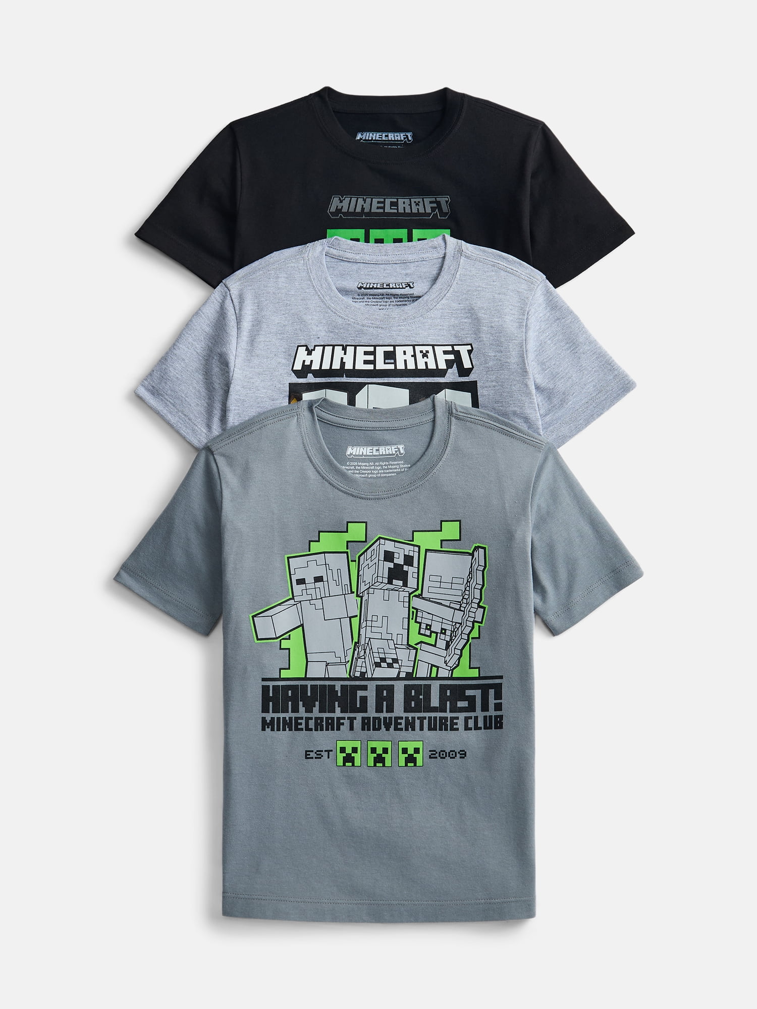 Minecraft Boys Crewneck Graphic Tee with Short Sleeves, 3-Pack, Sizes XS-2XL