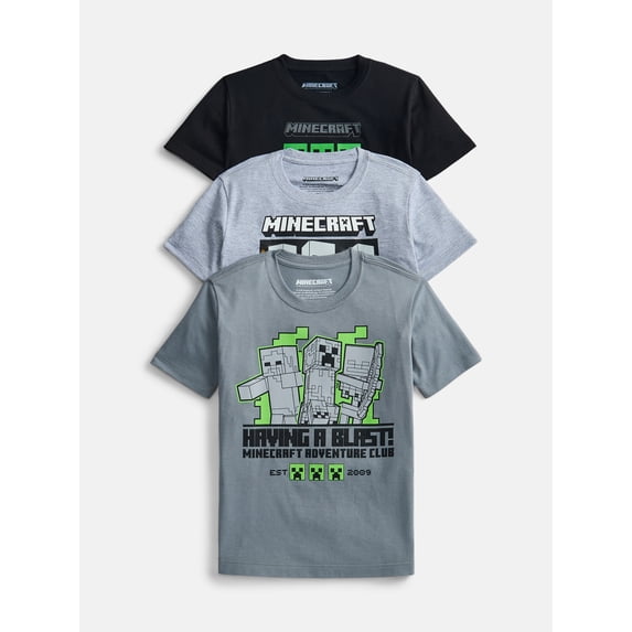 Minecraft Boys Crewneck Graphic Tee with Short Sleeves, 3-Pack, Sizes XS-2XL