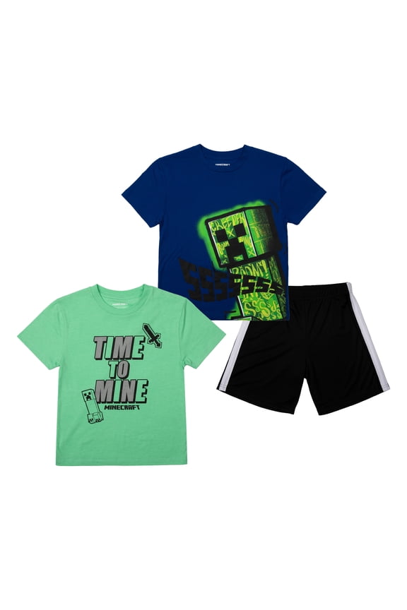 Minecraft Boys 3-Pack Shirt Set - Includes Two Tees and Mesh Shorts-XL