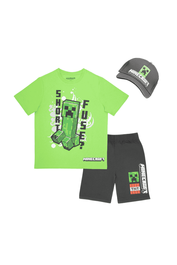 Boys 3-Piece Creeper Set - Short Sleeve Graphic T-Shirt, Shorts, and Baseball Cap Outfit for Kids (Sizes 4-16)