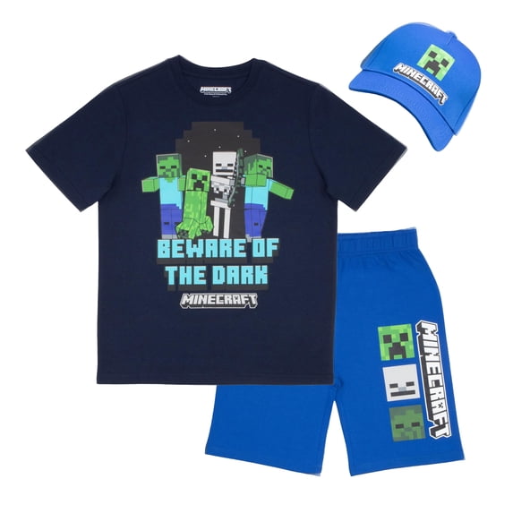 Minecraft Boys 3-Piece Creeper, Skeleton, Zombie Set - Short Sleeve Graphic T-Shirt, Shorts, and Baseball Cap Outfit for Kids (Sizes 4-16)