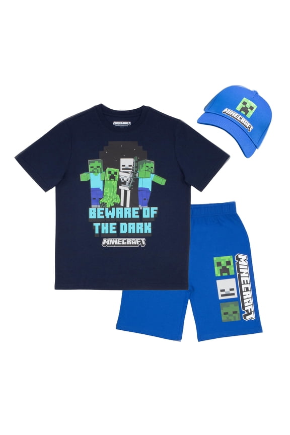 Boys 3-Piece Creeper, Skeleton, Zombie Set - Short Sleeve Graphic T-Shirt, Shorts, and Baseball Cap Outfit for Kids (Sizes 4-16)