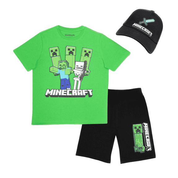 Minecraft Boys 3-Piece Creeper, Zombie, Skeleton Set - Short Sleeve Graphic T-Shirt, Shorts, and Baseball Cap Outfit for Kids (Sizes 4-16)
