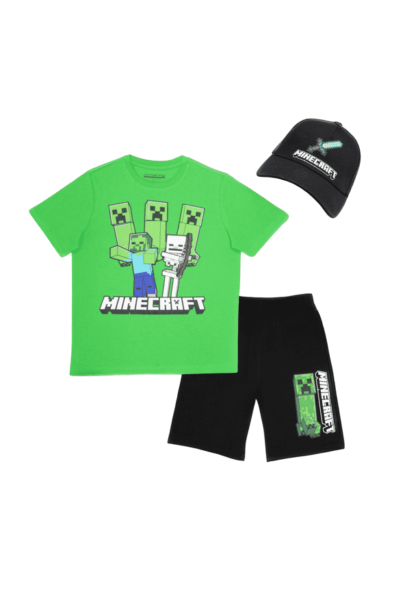 Boys 3-Piece Creeper, Zombie, Skeleton Set - Short Sleeve Graphic T-Shirt, Shorts, and Baseball Cap Outfit for Kids (Sizes 4-16)