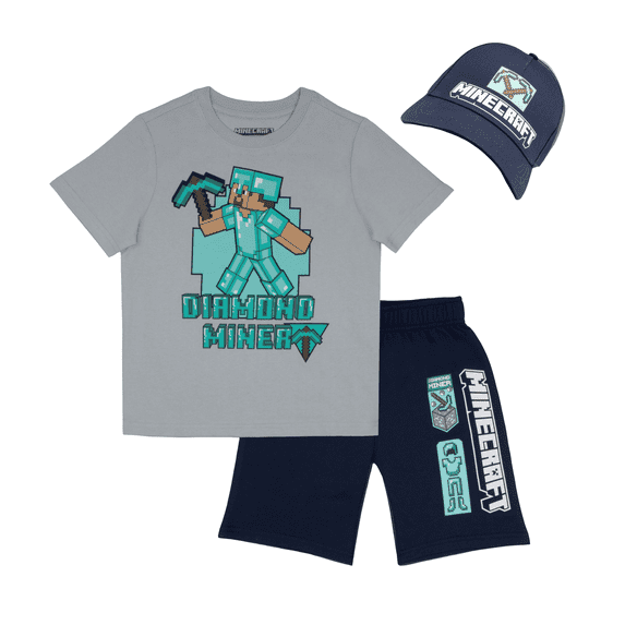 Minecraft Boys 3-Piece Diamond Miner Set - Short Sleeve Graphic T-Shirt, Shorts, and Baseball Cap Summer Outfit for Kids (Sizes 4-16)
