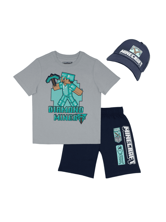Boys 3-Piece Diamond Miner Set - Short Sleeve Graphic T-Shirt, Shorts, and Baseball Cap Summer Outfit for Kids (Sizes 4-16)