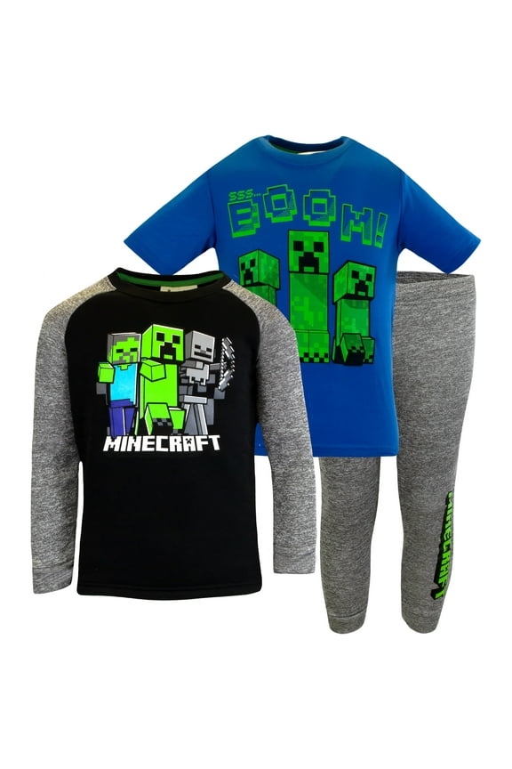 Boys 3 Piece Fleece Pants Sets, Minecraft Pullover Hoodie, T-Shirt, and Pants 3-Pack Bundle Set for Boys (Black/Blue, Sizes 4-8)