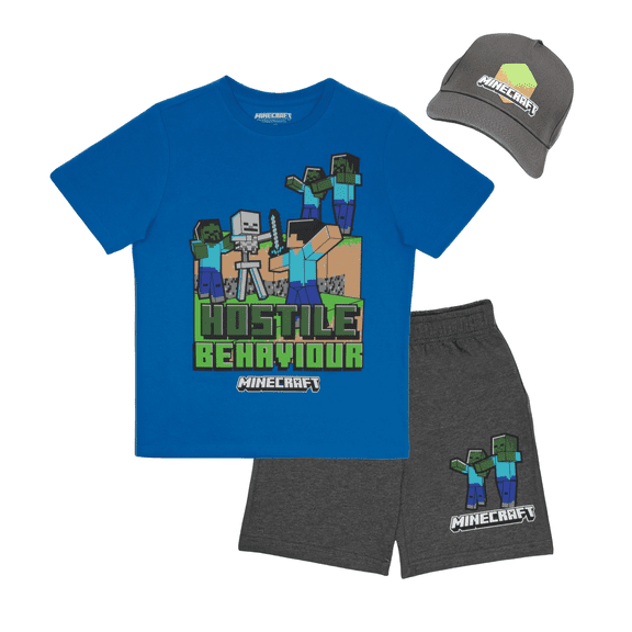 Minecraft Boys 3-Piece Hostile Behavior Set - Short Sleeve Graphic T-Shirt, Shorts, and Baseball Cap Outfit for Kids (Sizes 4-16)