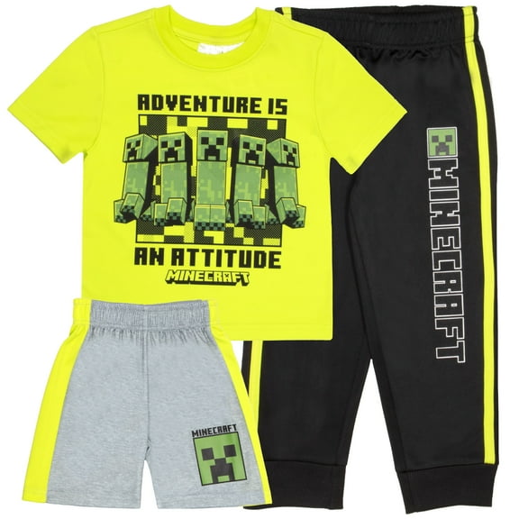 Minecraft Boys 3-Piece Creeper Pants Set - Short Sleeve T-Shirt, Shorts, & Jogger Pants 3-Pack Bundle Set for Boys (Sizes 2T-12)