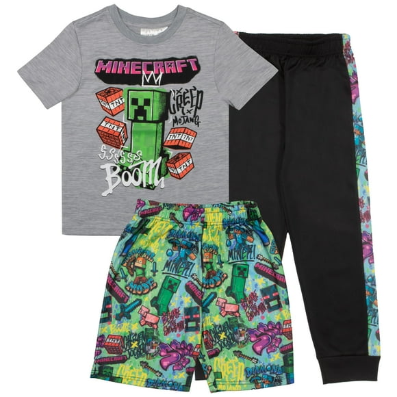 Minecraft Boys 3-Piece Pants Set - Short Sleeve T-Shirt, Shorts, & Jogger Pants 3-Pack Bundle for Boys (Sizes 2T-12)