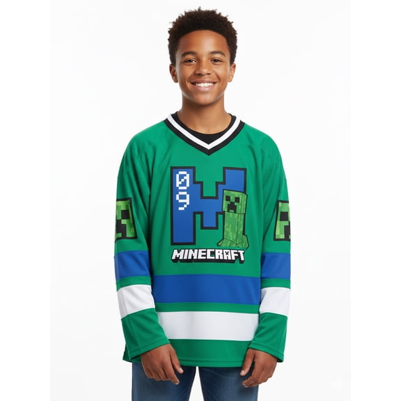 Minecraft Boys and Big Boys Game Over Creeper Graphic Hockey Jersey, Sizes 4-18
