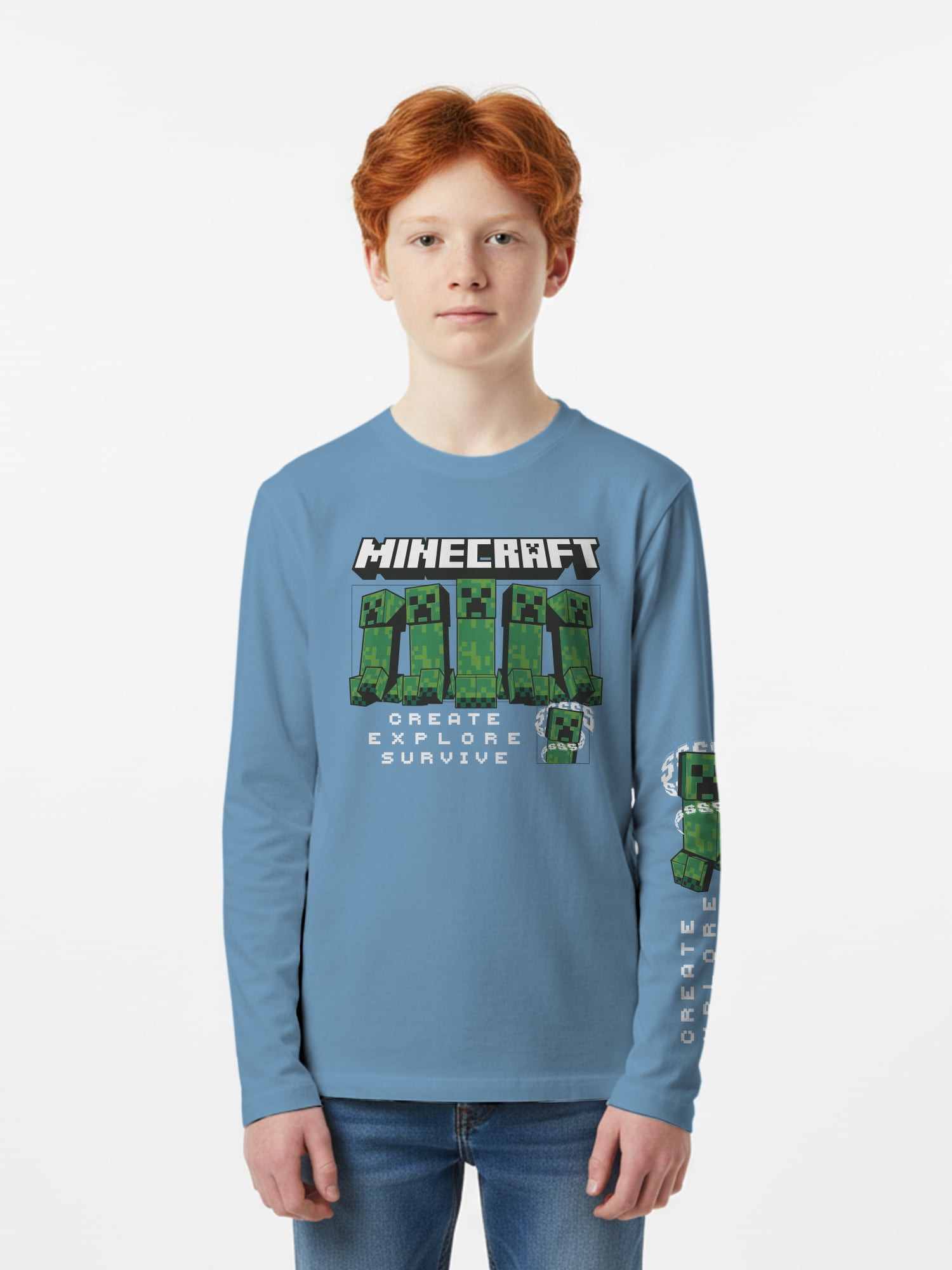Minecraft, Boys' & Big Boys' Graphic Long-Sleeve T-Shirt, Creeper Montage, Sizes 4-18